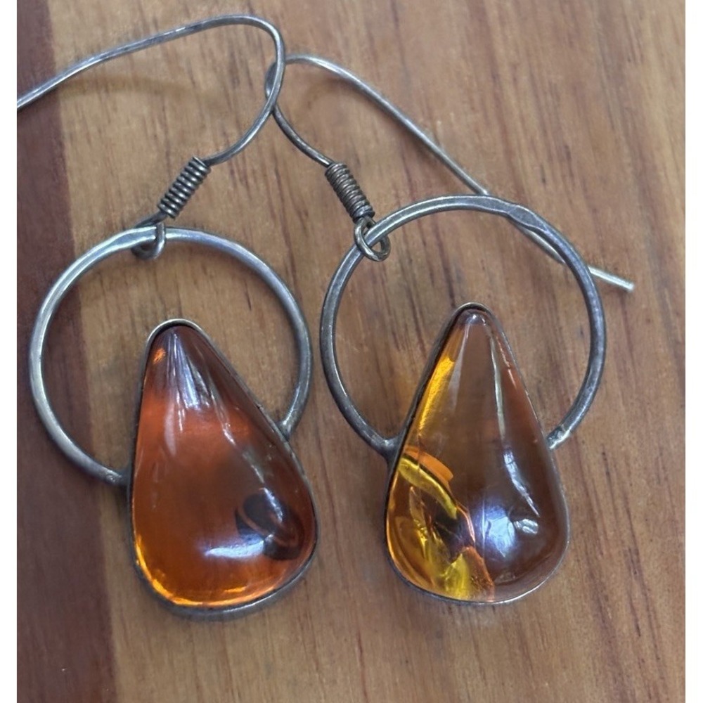 Sterling Silver 925 Cognac Brown Baltic Amber Teardrop Dangle Drop Earrings